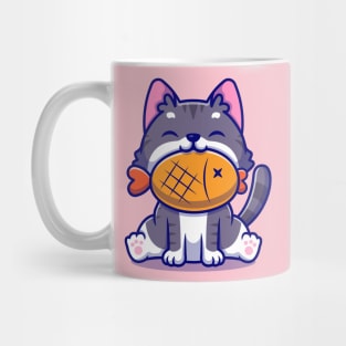 Cute Cat With Fish Cartoon Mug